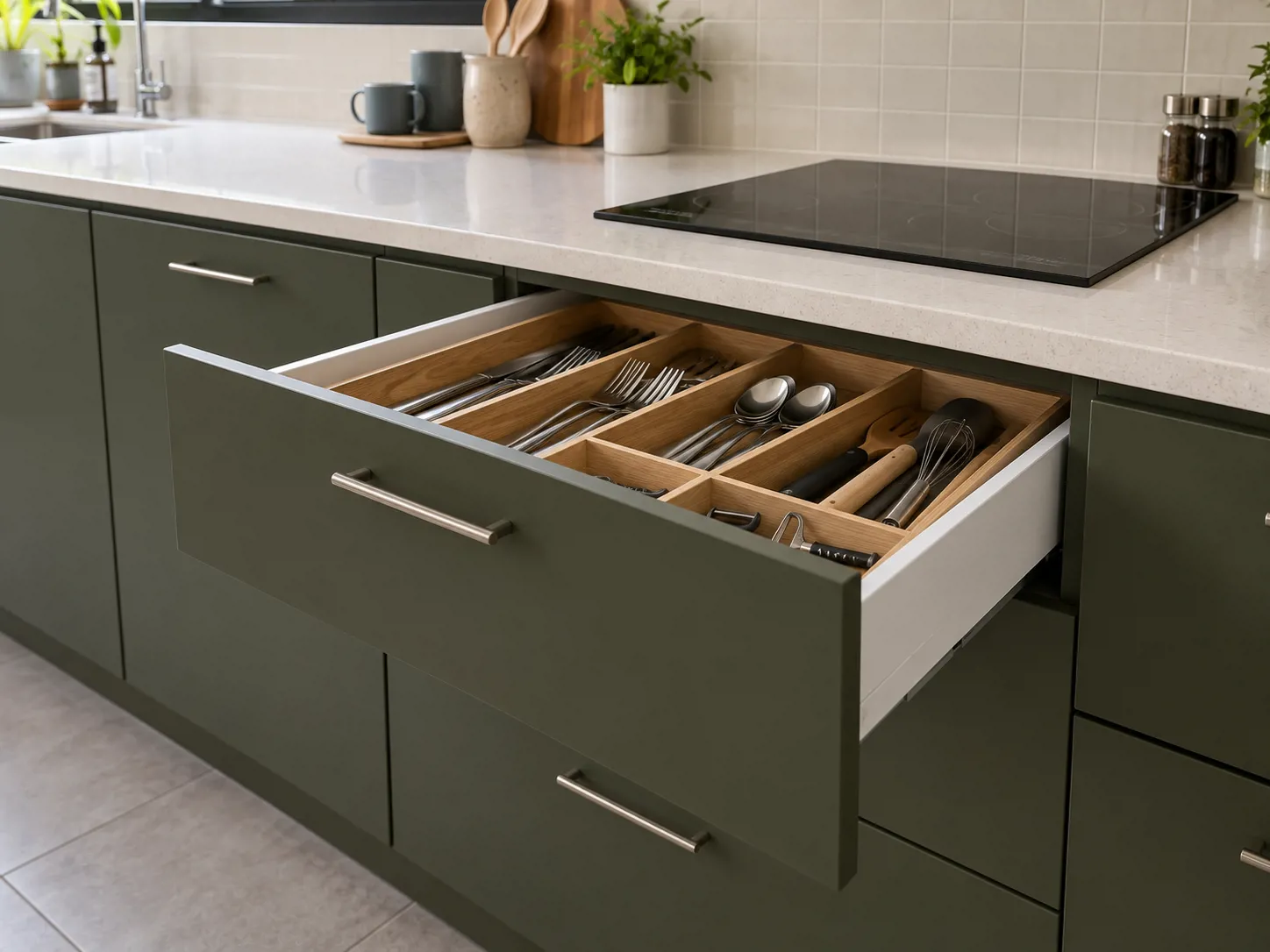 Laci olive gelap dengan interior HPL putih dan organizer oak membagi alat makan agar tidak bercampur di meja kerja.