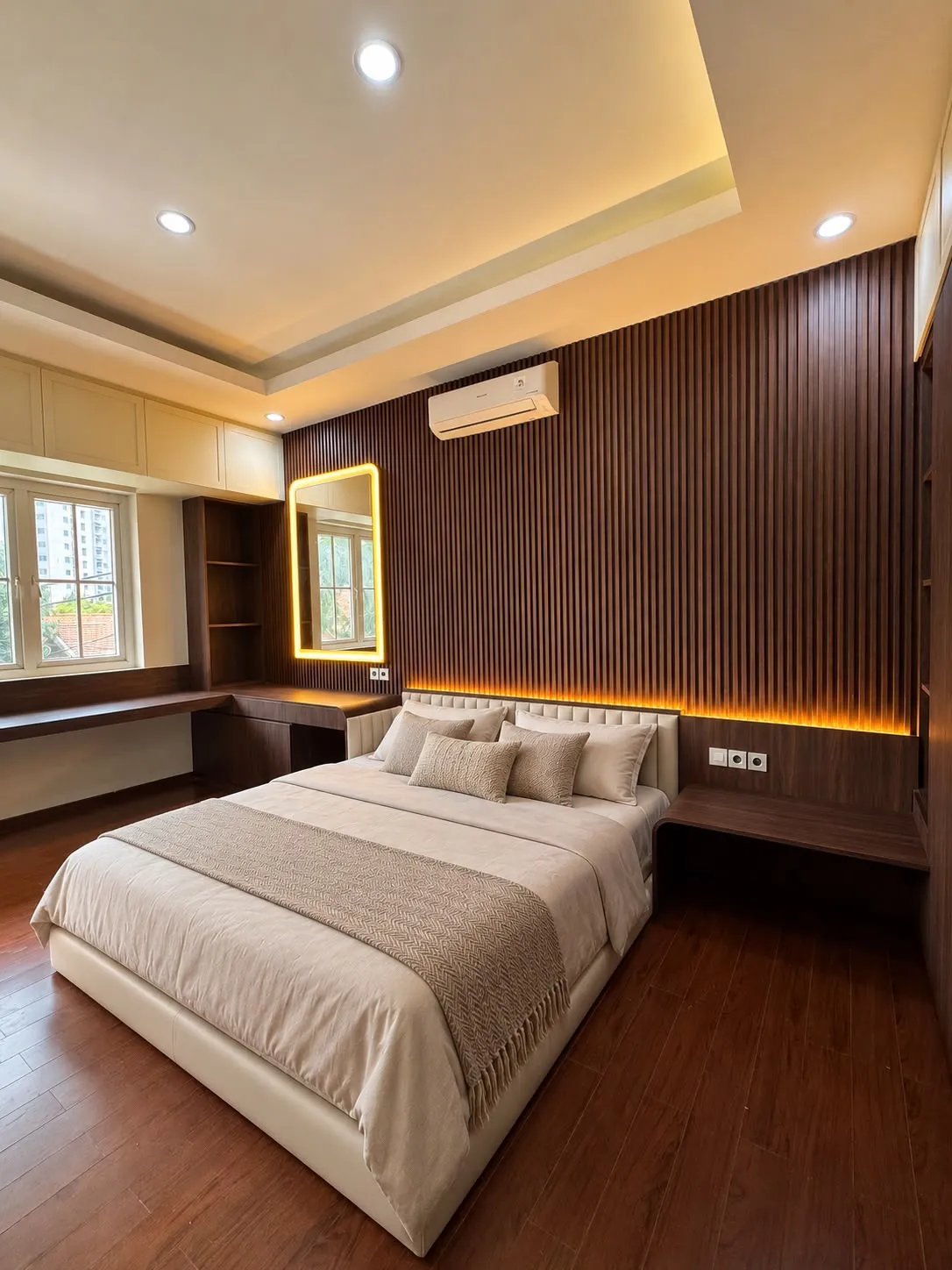 Sudut kamar memperlihatkan hubungan antara tempat tidur, meja di bawah jendela, dan area rias.
