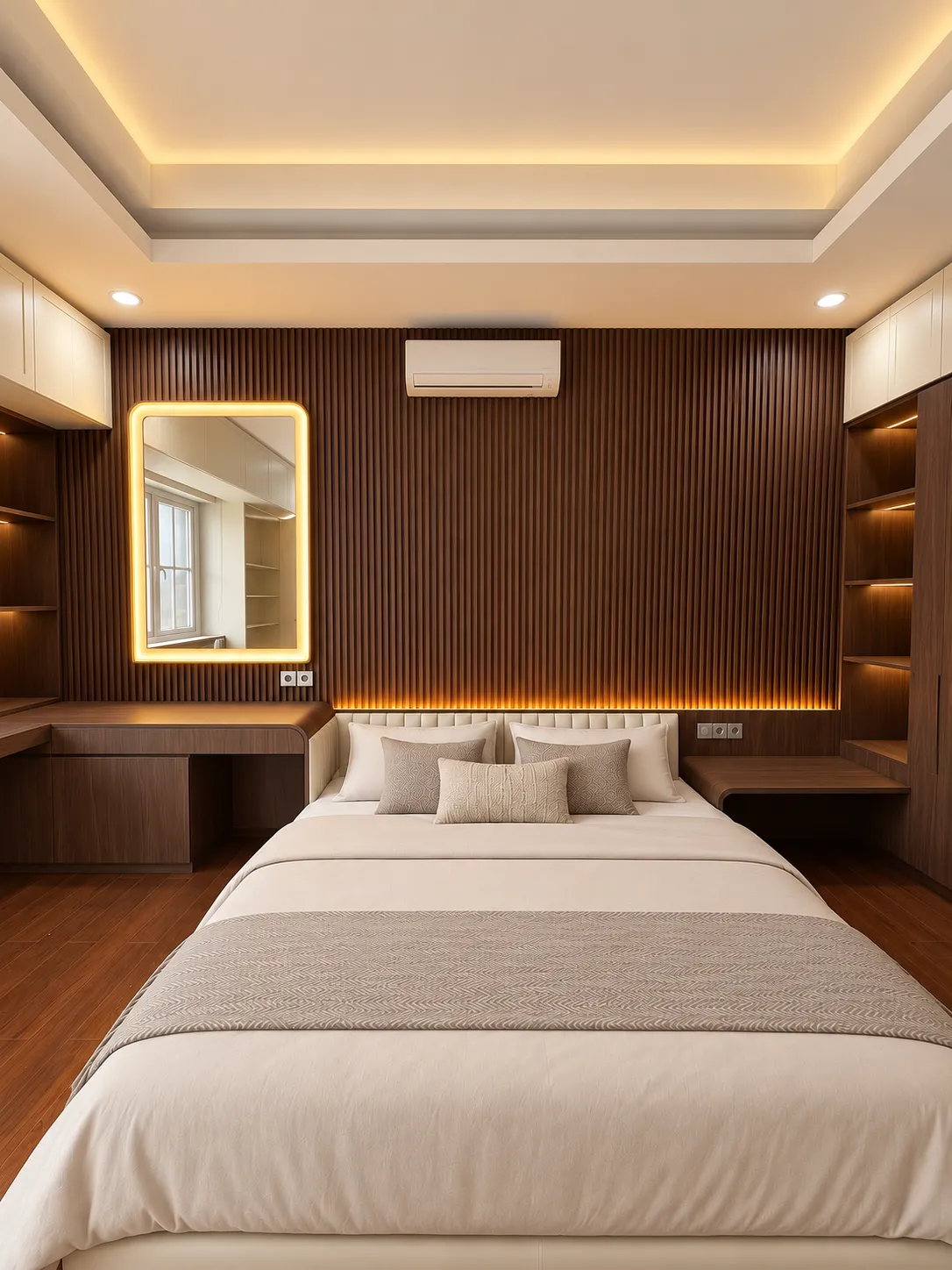 Visualisasi 3D — Tampak depan kamar: panel beralur dan pencahayaan hangat membingkai area tempat tidur.