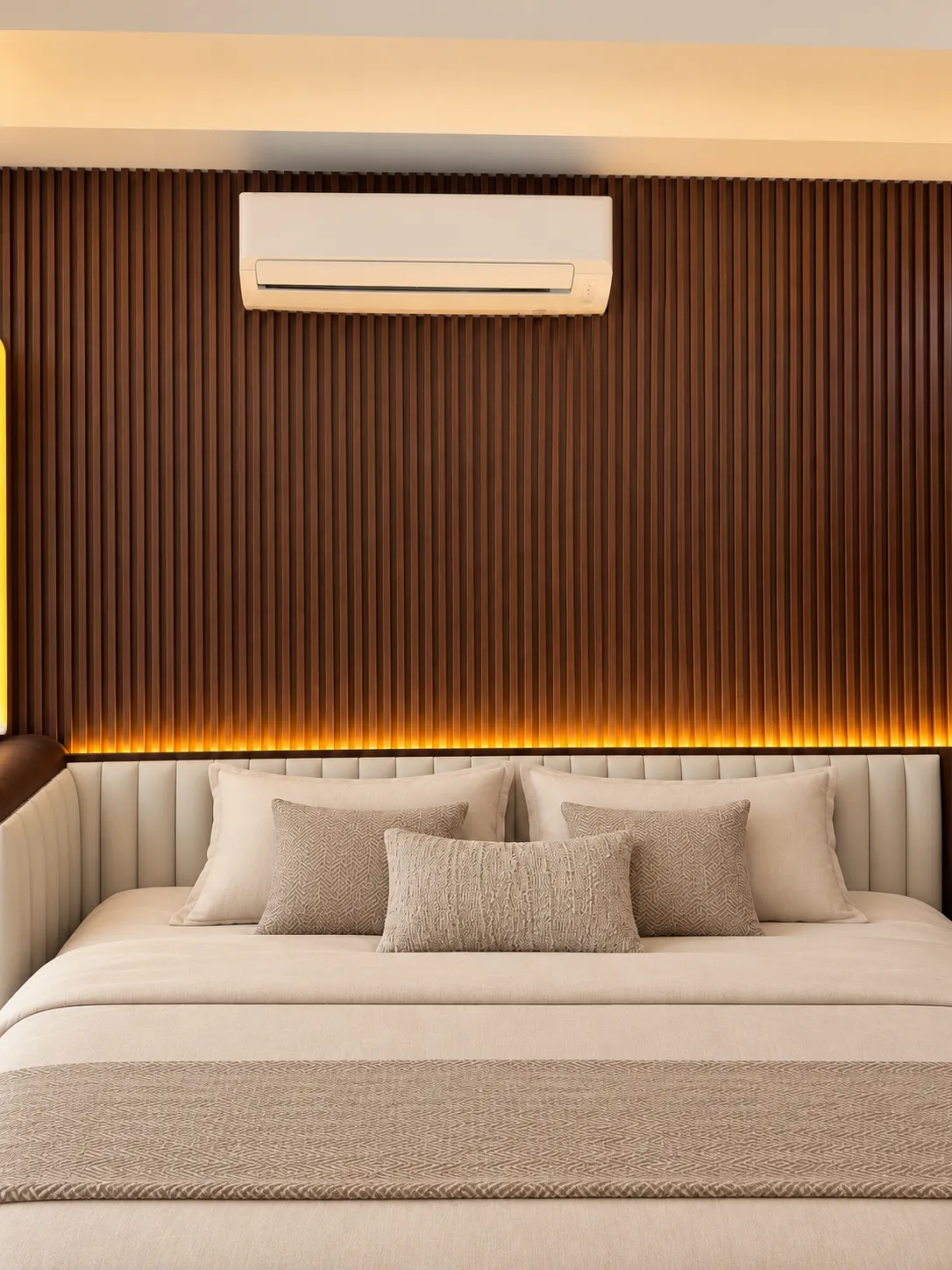 Visualisasi 3D — Detail panel beralur, cahaya hangat, dan kepala tempat tidur berlapis kain.