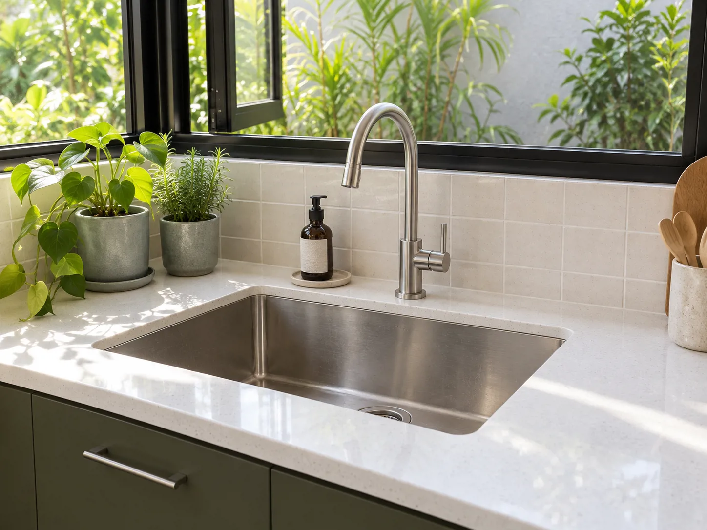 Sink undermount stainless di bawah jendela menyatu dengan countertop quartz terang untuk area cuci yang mudah dijangkau.