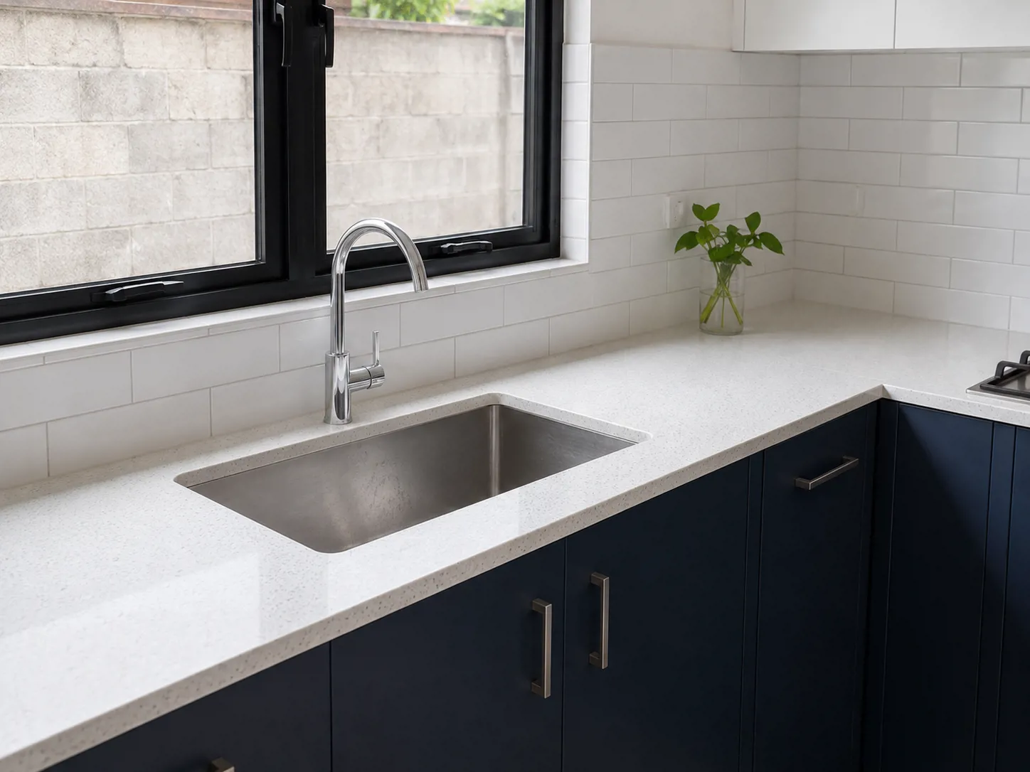 Sink undermount stainless menyatu dengan countertop quartz — tanpa bibir sambungan, air tidak menggenang di tepi