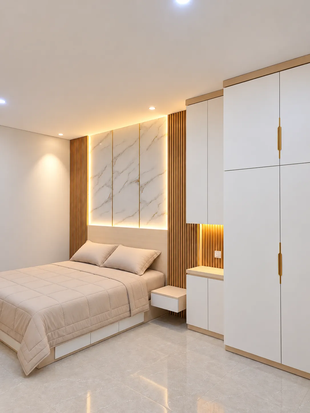 Visualisasi 3D — Panel kepala tempat tidur memadukan motif marmer, alur vertikal, dan lampu hangat.