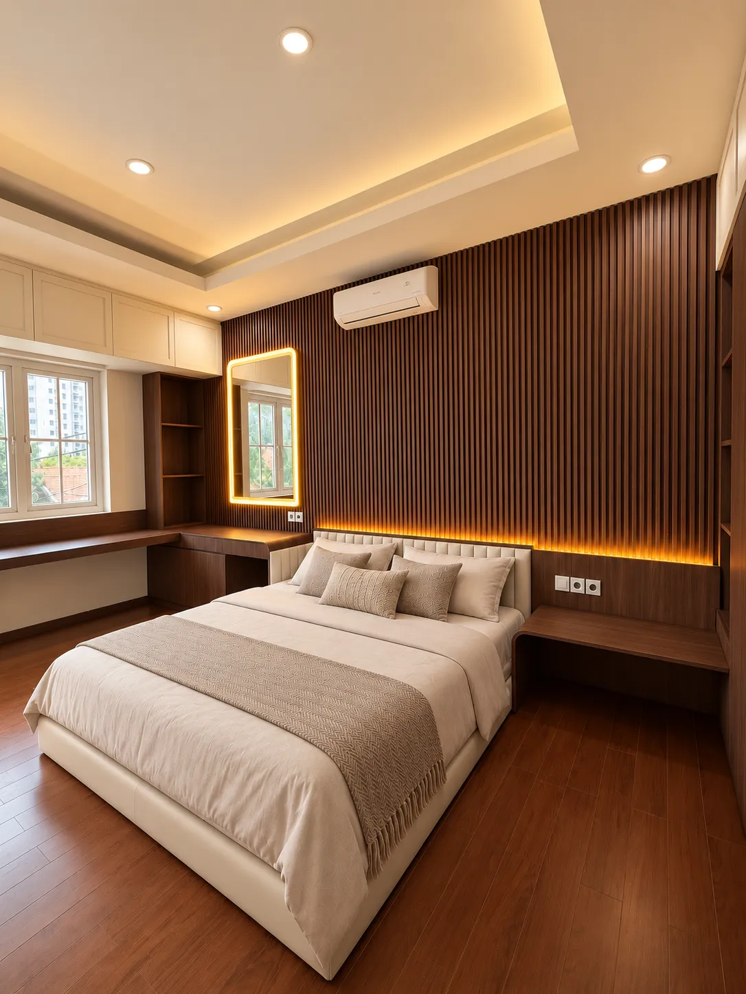 Visualisasi 3D — Sudut kamar memperlihatkan hubungan antara tempat tidur, meja di bawah jendela, dan area rias.
