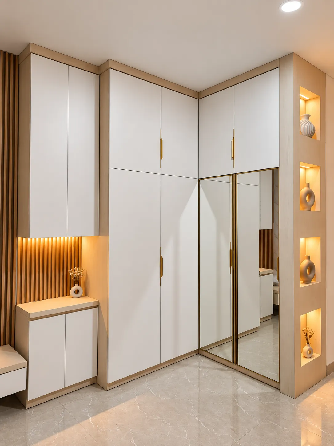 Visualisasi 3D — Wardrobe sudut dengan bidang cermin dan ruang pajang berlampu di sisi kabinet.