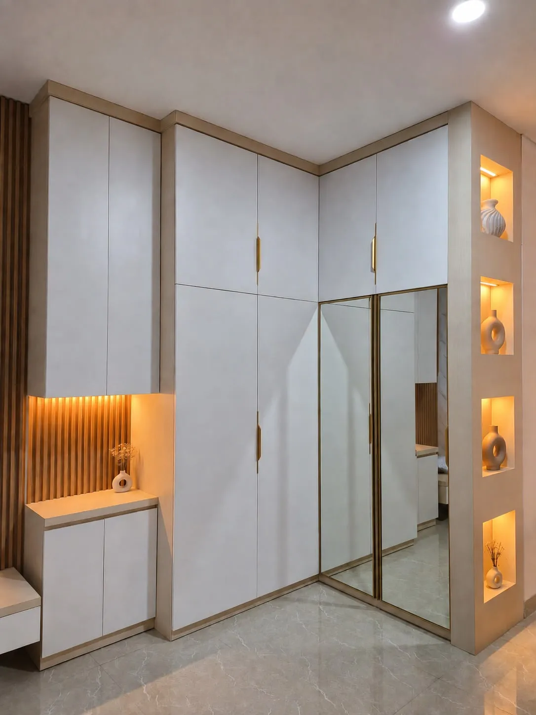 Wardrobe sudut dengan bidang cermin dan ruang pajang berlampu di sisi kabinet.