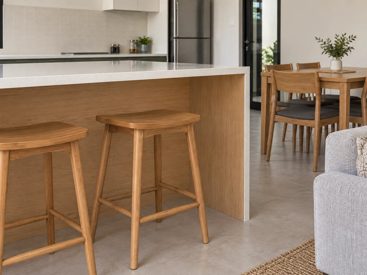 Peninsula berpanel oak dengan top quartz dan ruang kaki menghubungkan area dapur dengan tempat duduk tanpa sekat penuh.