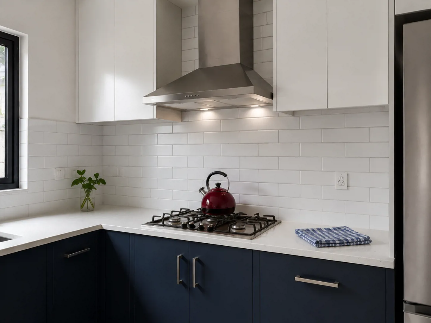 Area masak kitchen set dengan hood di atas kompor dan backsplash keramik subway putih yang mudah dilap